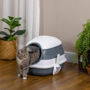 Dome Covered Cat Litter Box with Lid, White and Gray